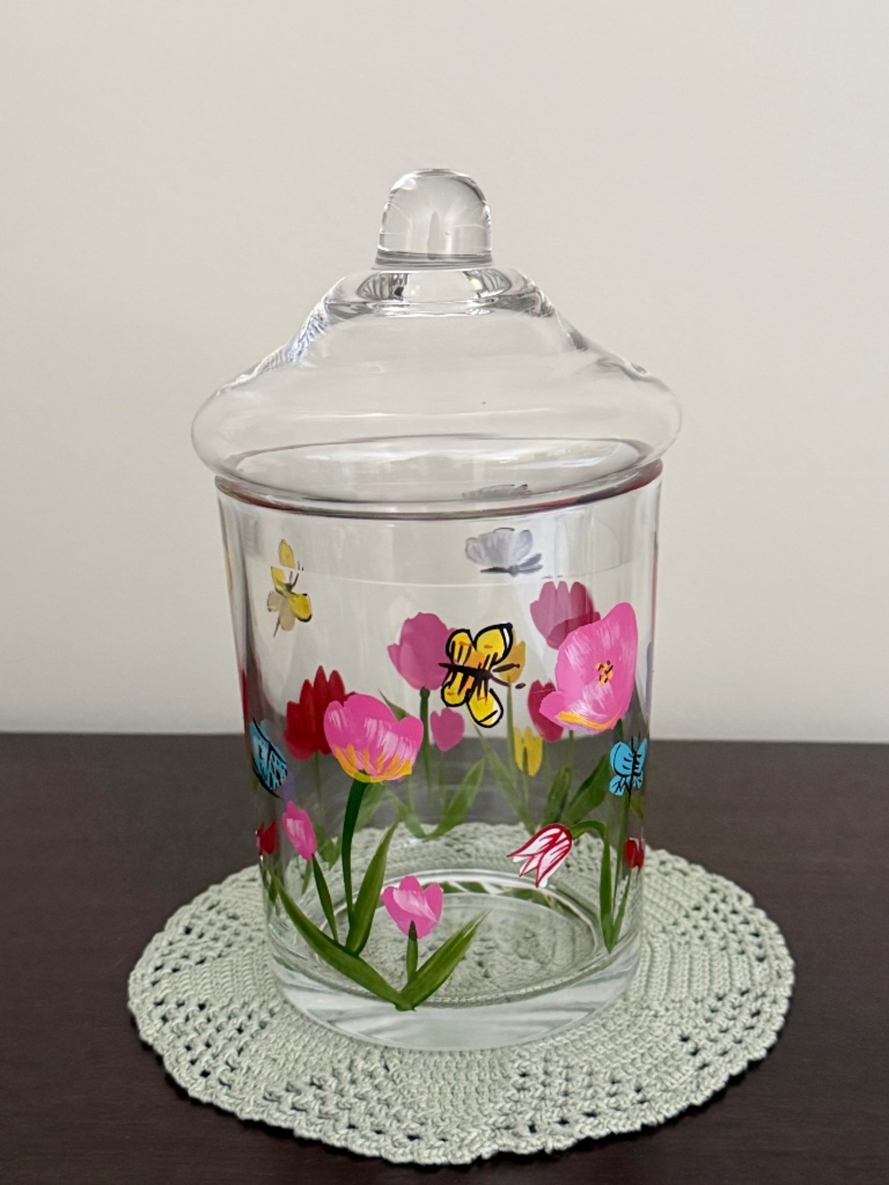 Hand Painted Flowers & Butterflies Lidded Apothecary Jar/Candy Jar